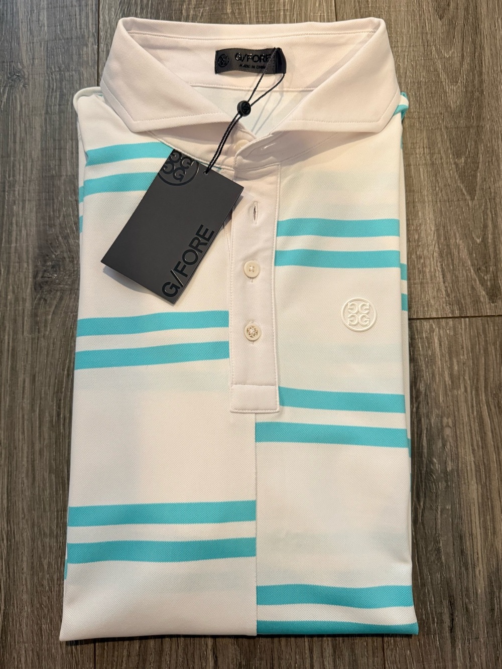 NWT G/FORE Men's Striped Golf Polo Size XL White Aqua Short Sleeve Collared